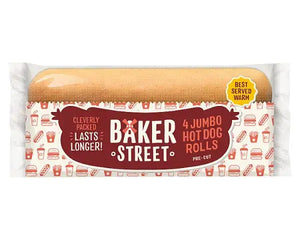 Baker Street jumbo hot dog rolls 4 pack soft long life hot dog buns for BBQ meals lunches and foodservice use