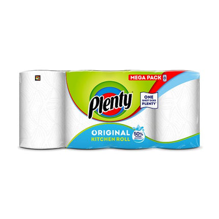 Plenty Original Kitchen Roll pack containing 8 strong and absorbent kitchen towel rolls