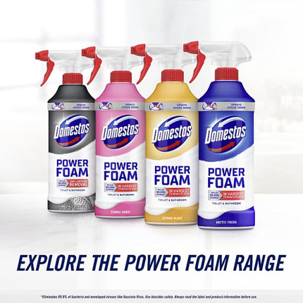 Domestos Power Foam spray bottle with a case of 6x450ml text above it on a white background.