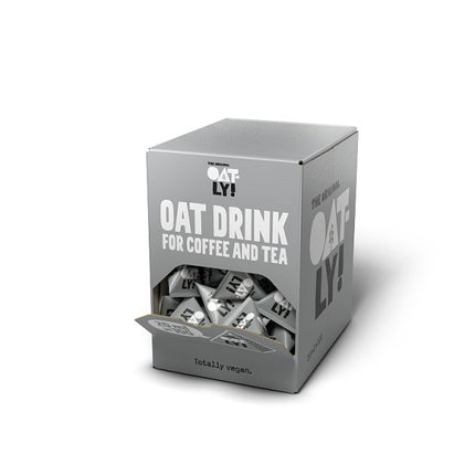 Oatly oat drink long life single serve 20ml portions box containing 100 vegan oat milk cartons for tea and coffee service