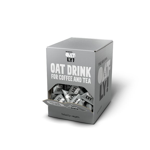 Oatly oat drink long life single serve 20ml portions box containing 100 vegan oat milk cartons for tea and coffee service