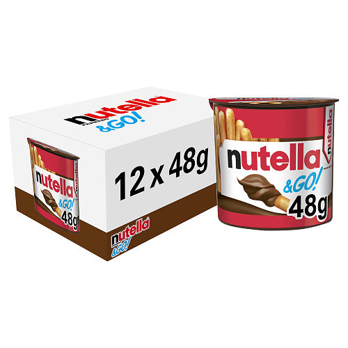 Nutella and Go snack pots case containing 12 x 48g hazelnut chocolate spread and breadsticks snack pots for retail and snacking