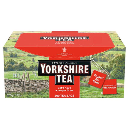 Yorkshire Tea individually wrapped tea bags pack containing 200 black tea bags weighing 625g for offices and hospitality use