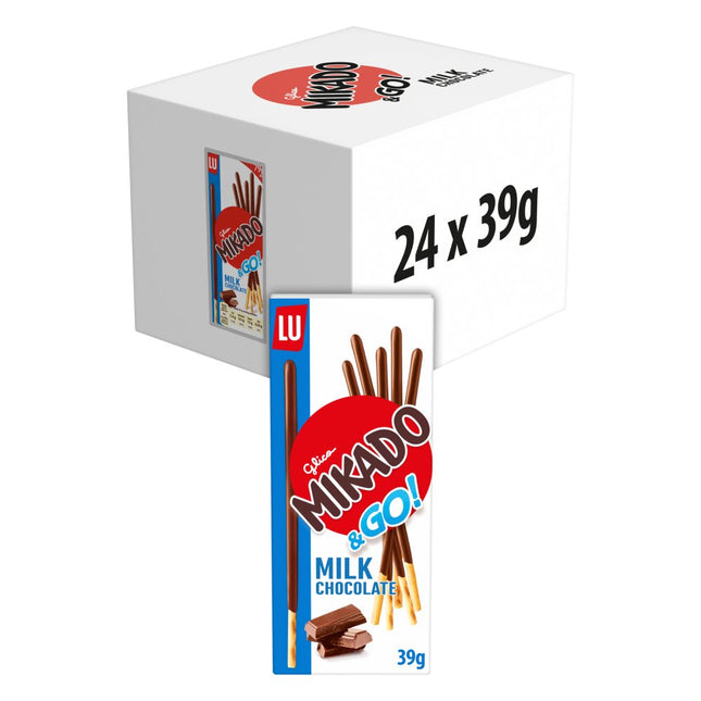 Mikado Milk Chocolate Biscuits wholesale case containing 24 individually packed 39g crunchy chocolate biscuit stick snack packs