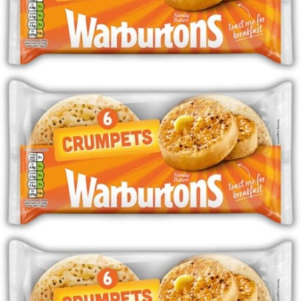 Warburtons crumpets multipack containing 3 packs of 6 traditional British crumpets for breakfast and catering use