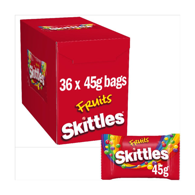Skittles Fruit Flavoured Chewy Sweets wholesale case containing 36 bags of fruity chewy sweets