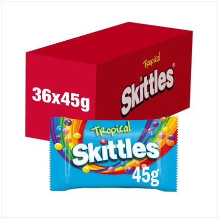 Skittles Tropical Flavoured Sweets wholesale case containing 36 bags of tropical fruit chewy sweets