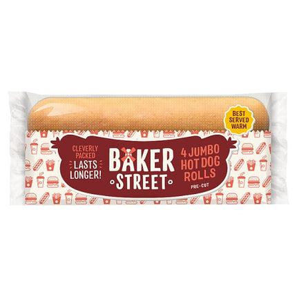 Baker Street jumbo hot dog rolls 4 pack soft long life hot dog buns for BBQ meals lunches and foodservice use