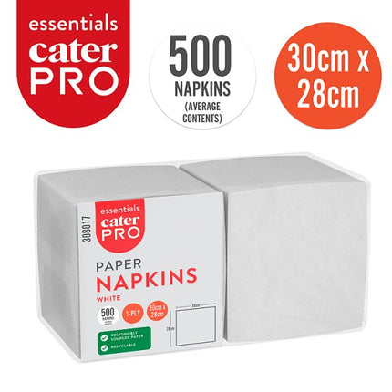 CaterPro Essentials Paper Napkins 500 Pack 1-Ply White 30cm x 28cm