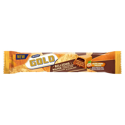 McVitie's Gold Billions Wafer Chocolate and Hazelnut wholesale case containing 24 packs of crispy chocolate coated hazelnut wafer snacks