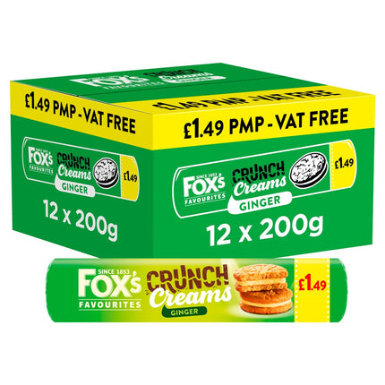 Fox's Ginger Crunch Creams wholesale case containing 12 price marked 200g packs of crunchy ginger cream sandwich biscuits