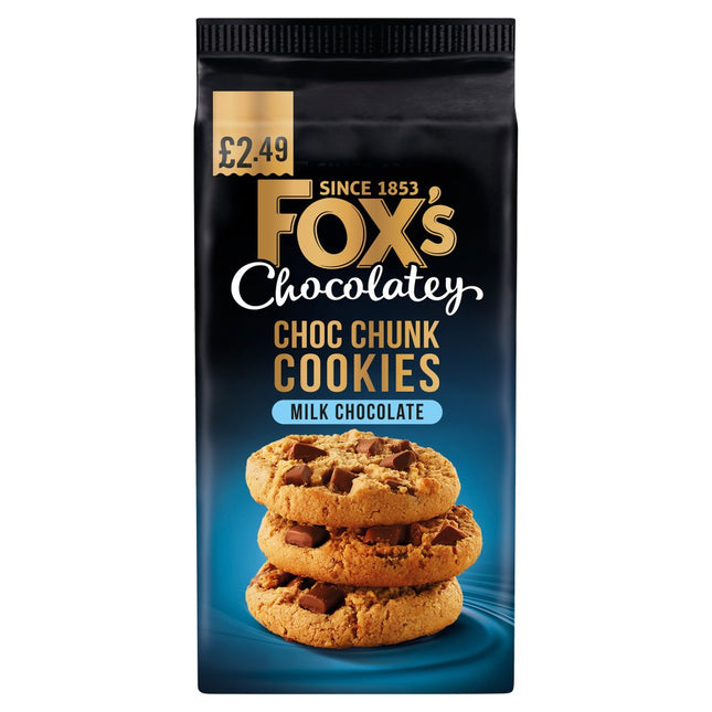 Fox's Chocolatey Choc Chunk Cookies Milk Chocolate wholesale case containing 8 packs of 180g crunchy chocolate chunk cookies