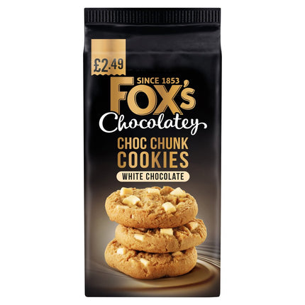 Fox's Chocolatey Choc Chunk Cookies White Chocolate wholesale case containing 8 packs of 180g crunchy cookies with white chocolate chunks