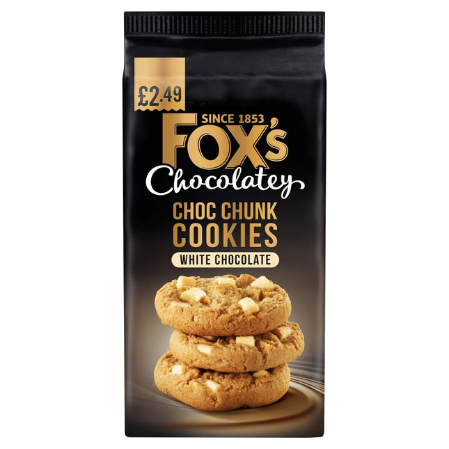 Fox's Chocolatey Choc Chunk Cookies White Chocolate wholesale case containing 8 packs of 180g crunchy cookies with white chocolate chunks