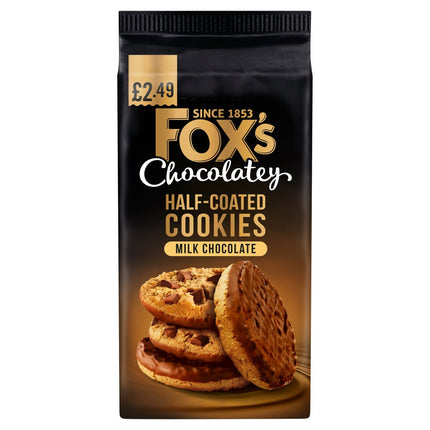 Fox's Chocolatey Half-Coated Cookies Milk Chocolate wholesale case containing 8 packs of 175g crunchy cookies partially coated in milk chocolate