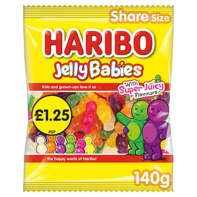 HARIBO Jelly Babies wholesale case containing 12 price marked 140g sharing bags of fruity chewy jelly sweets