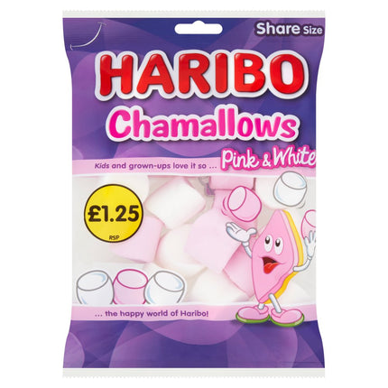HARIBO Chamallows Marshmallows wholesale case containing 12 bags of soft pink and white marshmallow sweets