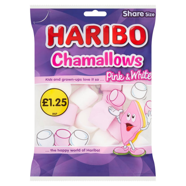 HARIBO Chamallows Marshmallows wholesale case containing 12 bags of soft pink and white marshmallow sweets