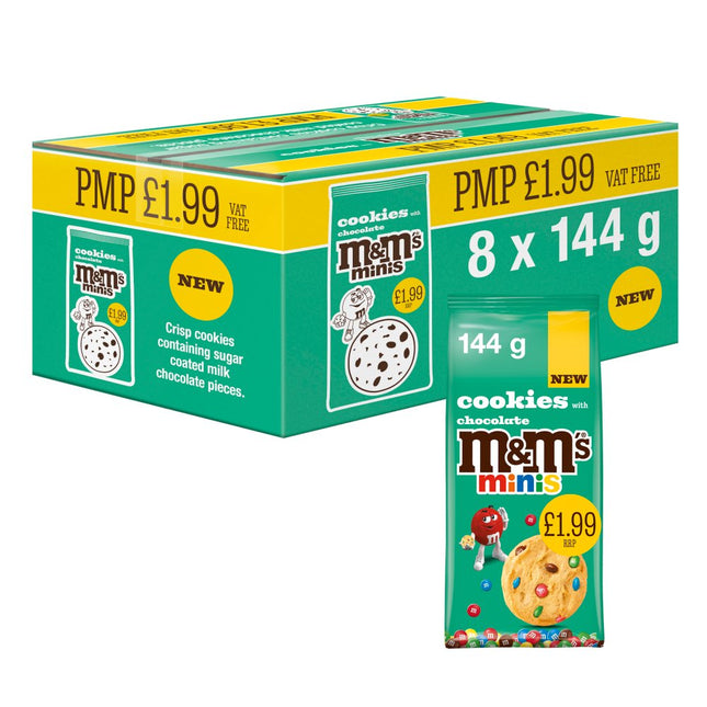 M&M's Minis Cookies with Chocolate wholesale case containing 8 packs of 144g soft baked cookies with colourful chocolate pieces
