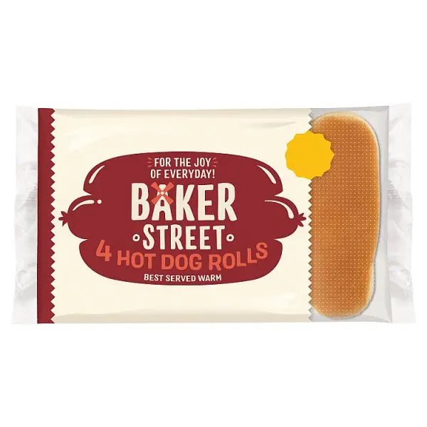 Baker Street Pre-Cut Hot Dog Rolls pack containing 4 soft hot dog buns ready sliced for filling