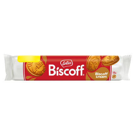 Biscoff Cream Sandwich Biscuits wholesale case containing 9 packs of 150g caramelised cream filled biscuit sandwiches