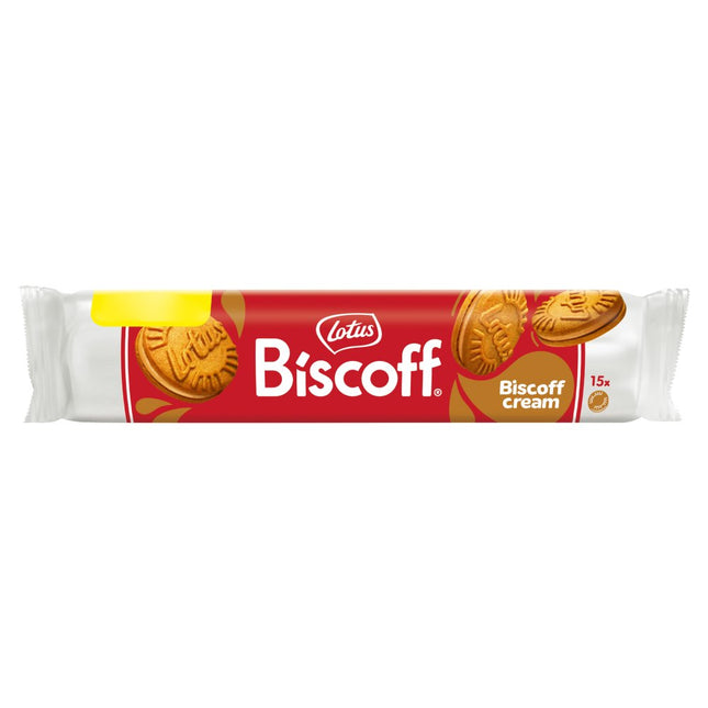 Biscoff Cream Sandwich Biscuits wholesale case containing 9 packs of 150g caramelised cream filled biscuit sandwiches