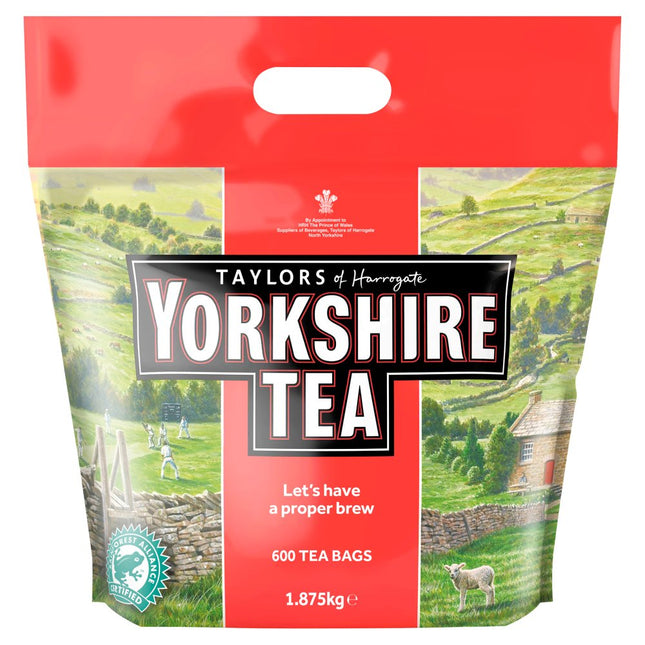 Yorkshire Tea bulk catering pack containing 600 black tea bags weighing 1.875kg for offices and hospitality use