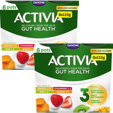 Activia gut health yoghurt multipack containing 16 x 115g apricot strawberry kiwi and mango yoghurt pots
