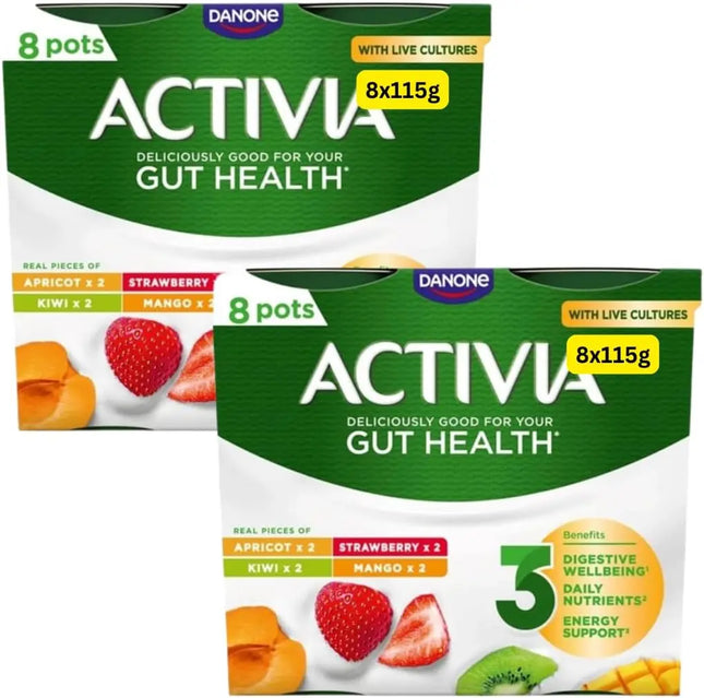 Activia gut health yoghurt multipack containing 16 x 115g apricot strawberry kiwi and mango yoghurt pots