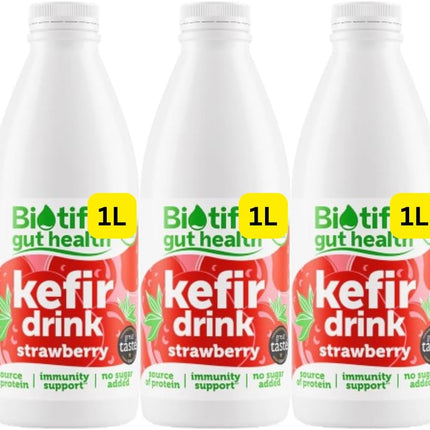 Biotiful strawberry kefir drink multipack containing 3 x 1L cultured dairy drink bottles