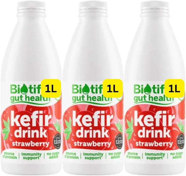 Biotiful strawberry kefir drink multipack containing 3 x 1L cultured dairy drink bottles