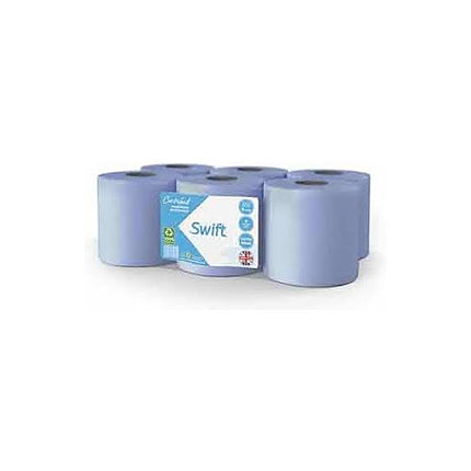 Swift Blue Roll pack containing 6 absorbent blue centrefeed cleaning paper rolls for catering and hospitality use