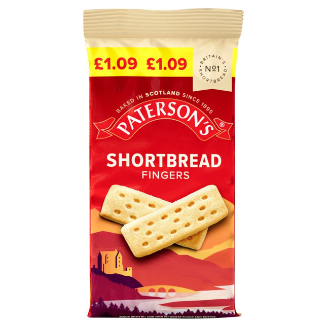 Paterson's Shortbread Fingers wholesale case containing 18 price marked 150g packs of buttery Scottish shortbread biscuits