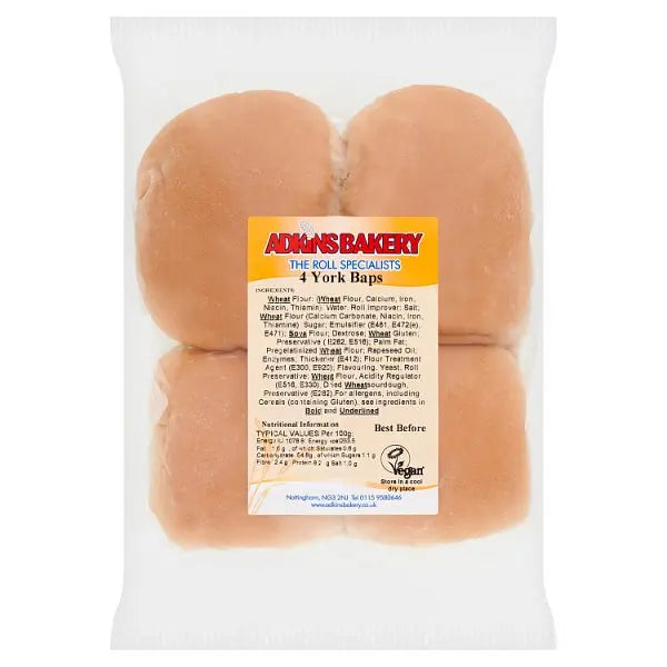 Adkins Bakery pack of 4 soft white York baps for sandwiches lunches and catering use