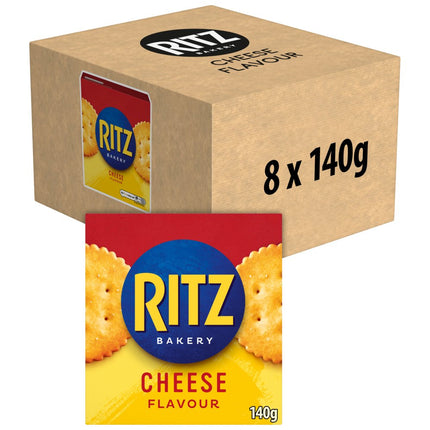 Ritz Cheese Flavoured Crackers wholesale box containing 8 packs of 140g crunchy savoury cheese crackers