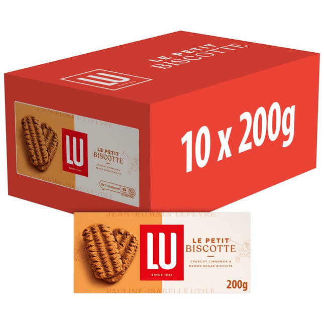 LU Le Petit Biscotte Cinnamon and Brown Sugar Biscuits wholesale case containing 10 packs of crunchy sweet biscotte biscuits