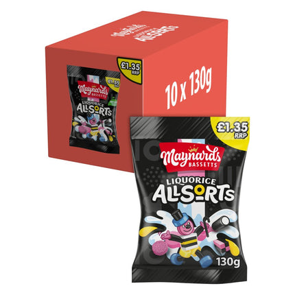 Maynards Bassetts Liquorice Allsorts wholesale case containing 10 sharing bags of assorted retro liquorice sweets
