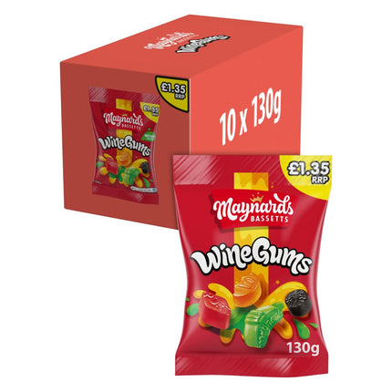 Maynards Bassetts Wine Gums wholesale case containing 10 price marked 130g sharing bags of fruity chewy sweets