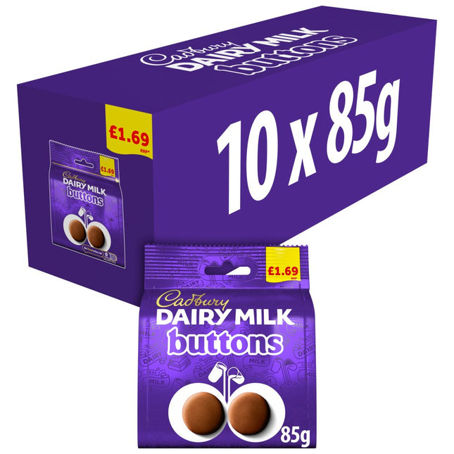 Cadbury Dairy Milk Buttons wholesale case containing 10 bags of smooth milk chocolate button sweets