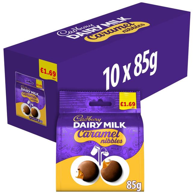 Cadbury Dairy Milk Caramel Nibbles wholesale case containing 10 price marked 85g bags of milk chocolate caramel sweets