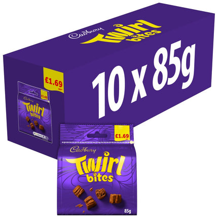 Cadbury Twirl Bites wholesale case containing 10 price marked 85g bags of bite sized swirled milk chocolate pieces