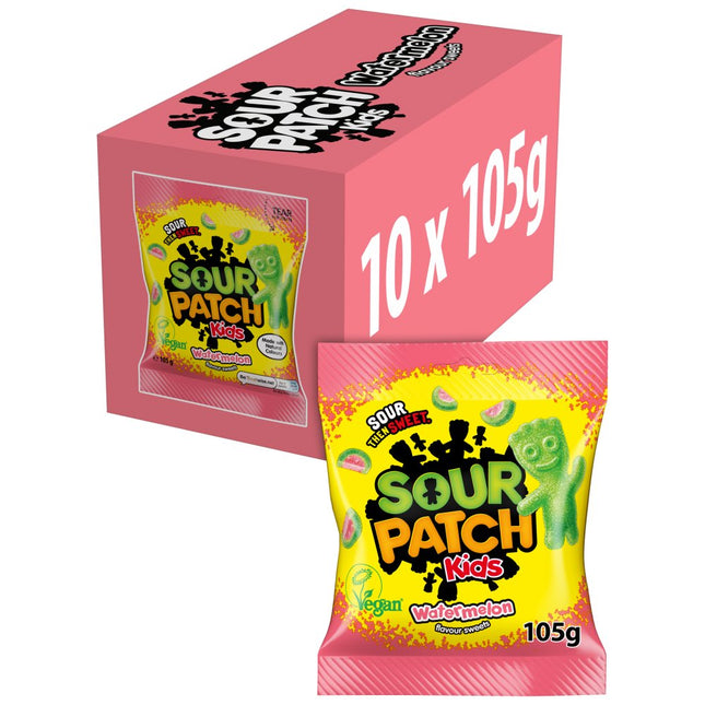 Sour Patch Kids Watermelon Candy vegan wholesale case containing 10 bags of chewy sour watermelon sweets
