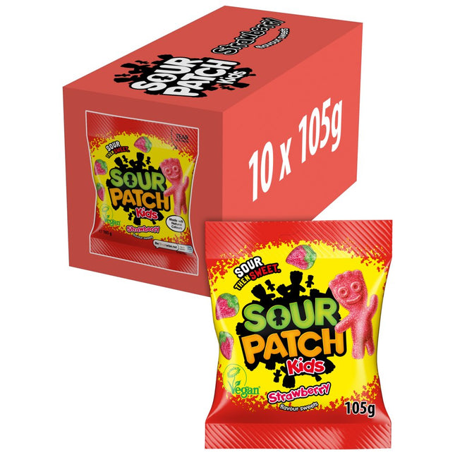 Sour Patch Kids Strawberry Candy wholesale case containing 10 bags of chewy strawberry sour sweets