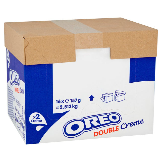 OREO Double Creme Cocoa Sandwich Cookies wholesale case containing 16 packs of crunchy cocoa sandwich biscuits with extra vanilla creme filling