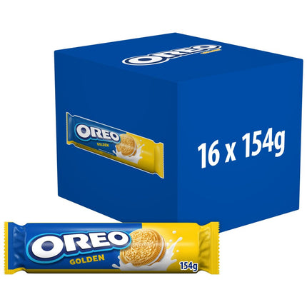 OREO Golden Vanilla Flavoured Sandwich Cookies wholesale case containing 16 packs of golden sandwich biscuits with vanilla creme filling