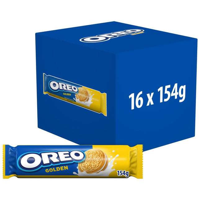 OREO Golden Vanilla Flavoured Sandwich Cookies wholesale case containing 16 packs of golden sandwich biscuits with vanilla creme filling