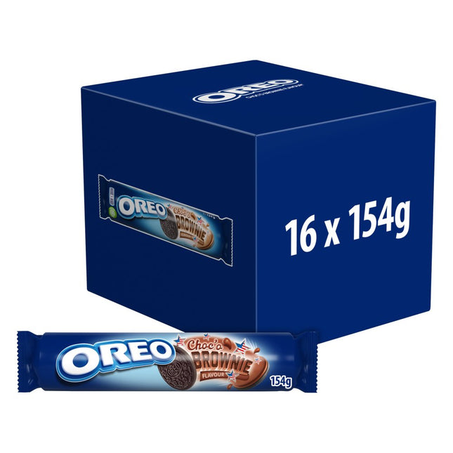 OREO Choco Brownie Sandwich Biscuits wholesale full case containing 16 packs of 154g chocolate brownie flavoured sandwich biscuits