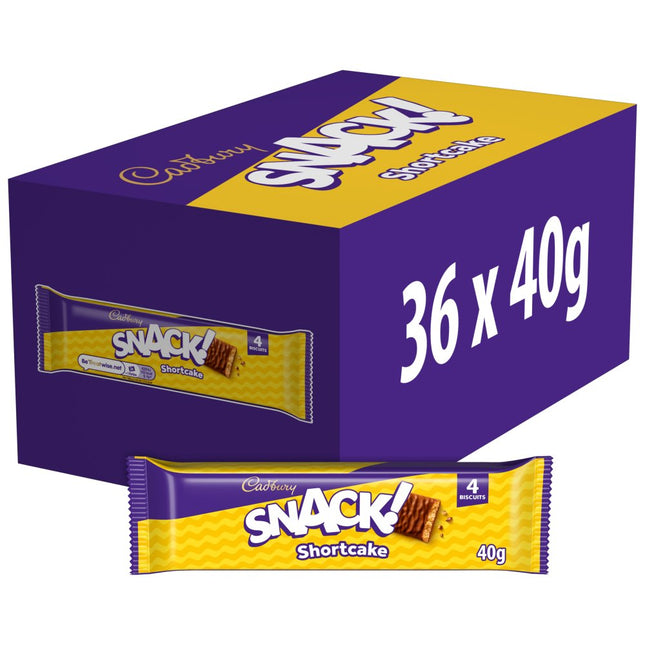 Cadbury Snack Shortcake Chocolate Biscuit wholesale case containing 36 individually wrapped 40g chocolate coated shortcake biscuit snacks