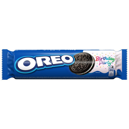 OREO Birthday Party Sandwich Biscuits wholesale case containing 16 packs of chocolate sandwich biscuits with birthday cake cream filling and sprinkles