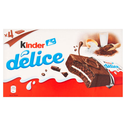Kinder Delice wholesale case containing 6 packs of 4 individually wrapped chocolate sponge snack cakes with creamy milk filling